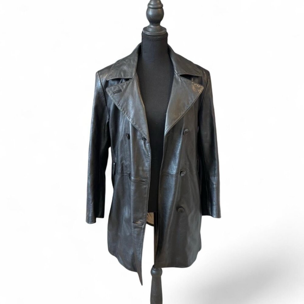 Vintage Wilson’s Pelle Studio Black‎ Leather Trench Coat Double Breasted Women’s